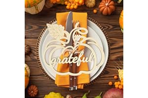 HINSLY 12 Pcs Thanksgiving Pumpkin Wooden Plate Decor Grateful Wood Cutouts Fall Autumn Thankful Blessed Favour Gather Party Place Card Table Settings Signs for Farmhouse Dining Table Holiday Harvest