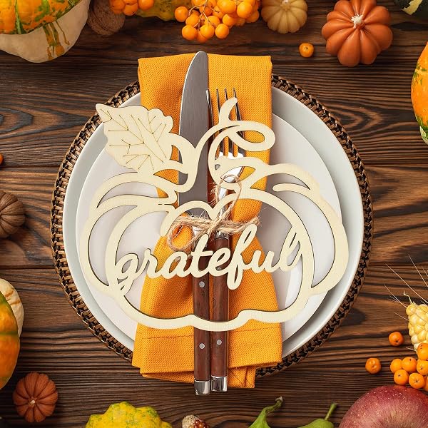 12-Piece Thankful Grateful Blessed Wood Cutout Set - Rustic Thanksgiving Table Decor, Laser-Cut Wood Signs For Plates, Tabletop - Black, 3 Sizes - View #11