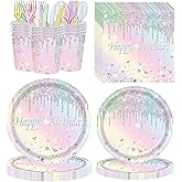 Bourns 168PCS Colorful Happy Birthday Decorations,Happy Birthday Plates and Napkins Party Supplies, Colorful Glitter Paper Plates and Napkins with Colorful Plastic Forks Knives Spoons Serve 24 Guests