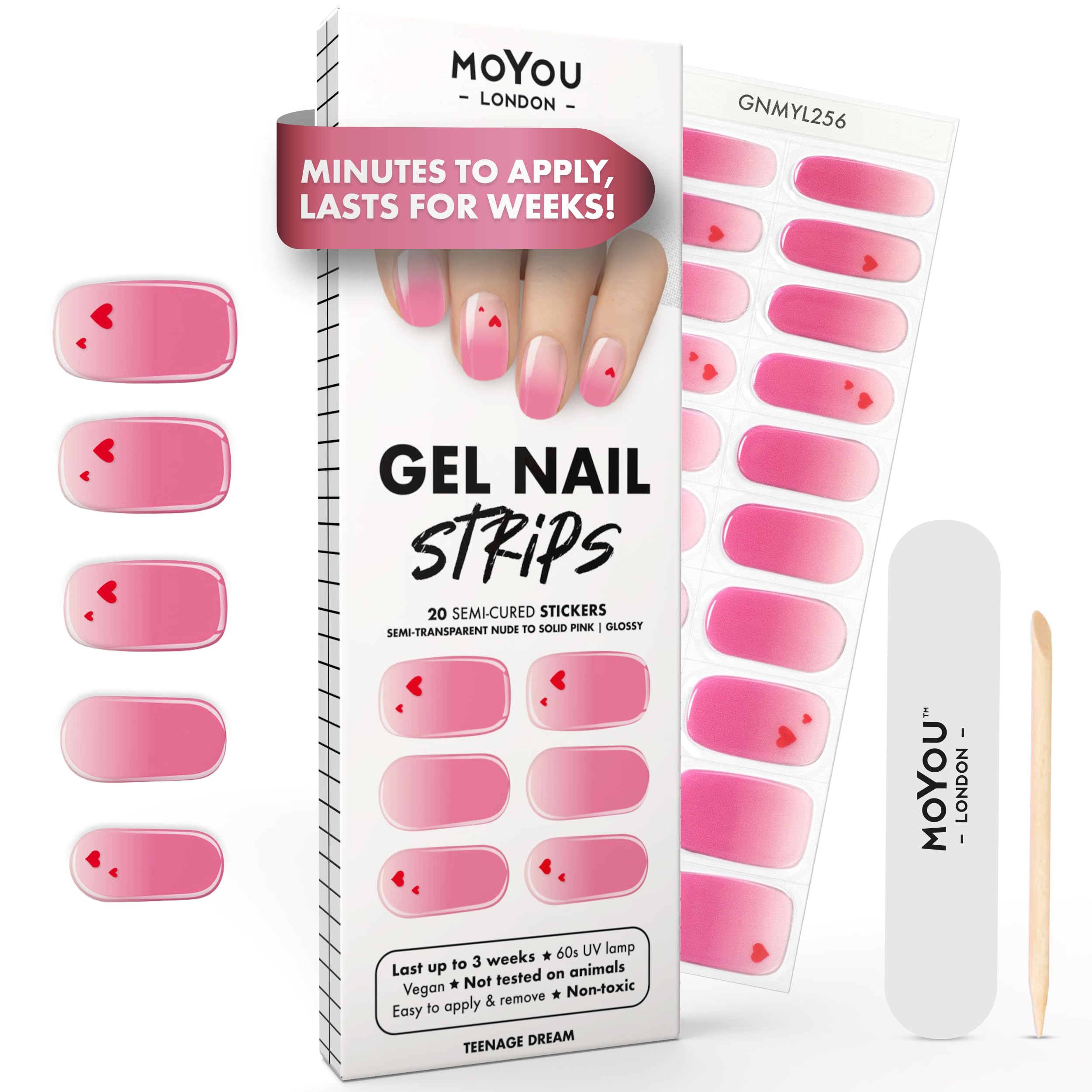 MOYOU LONDON Semi Cured Gel Nail Strips - 20 Pcs. Waterproof Gel Nail Wraps, Cures in Sunlight or UV/LED Lamp, Lasts Up to 2+ Weeks, Stretchable, Easy to Apply & Remove, Vegan & Cruelty-Free