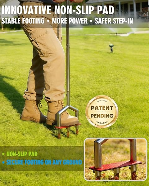 MANUAL LAWN AERATOR – 42 INCH, 304 STAINLESS STEEL AERATOR LAWN TOOL, EASY TO INSTALL, RUST RESISTANT, CORE AERATOR FOR YARD&GRASS COMPACTED SOIL, 3 DETACHABLE HOLLOW TINES, NON SLIP FOOT PAD
