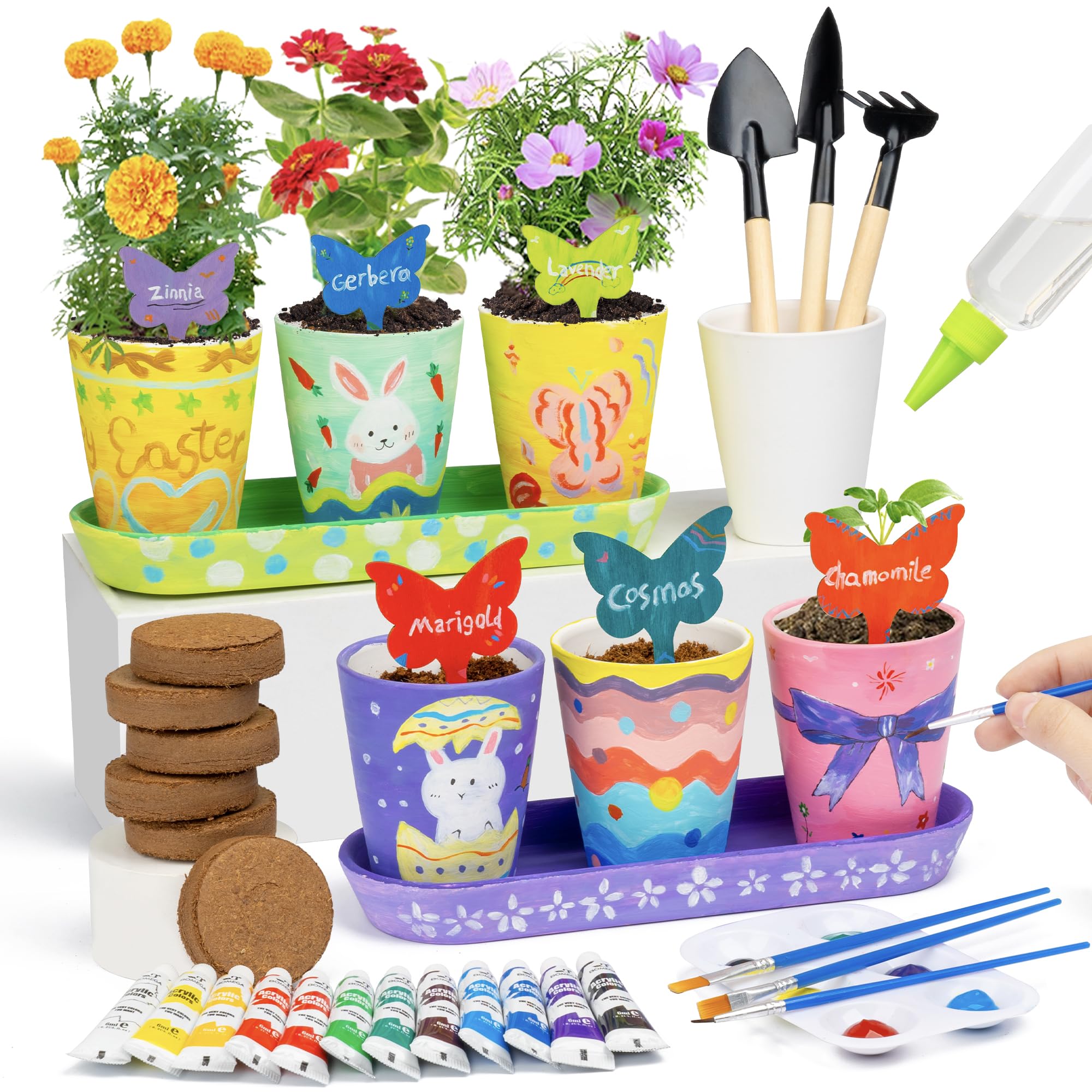 RGBDOT Kids Gardening Set Paint and Plant Stoneware Flower Growing Kit with 6 Pots and Gardening Tools Arts and Crafts for Kids Ages 8-12 Best Children’s Day Gift for Girls Boys Ages 5 6 7 8 9 10