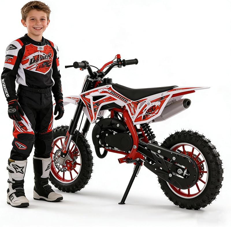 ehozirta 49cc Kids Dirt Bike 2-Stroke Gas Motocross 40KM/H Disc Brakes Red