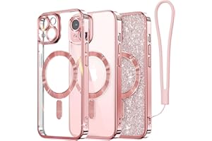 Meifigno Candy Mag Series Case for iPhone 15 Plus, [Compatible with MagSafe] [Glitter Card & Wrist Strap] Full Camera Lens Protection for iPhone 15 Plus Case Women Girls, Rose Gold