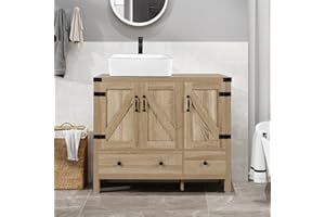 SOLIDEE 36" Natural Color Bathroom Vanity, Rustic Fixture Standing Pedestal Cabinet with White Ceramic Sink