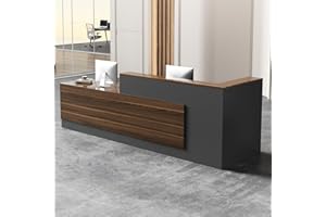 NUIPESN Modern L-Shaped Reception Desk with Hutch, Office Reception Counter Table with Lockable Drawer and Door Cabinet, Wooden Computer Front Desk (Walnut+lron Gray-Right Cabinet, 86.61"L*23.62"W*41.34"H)