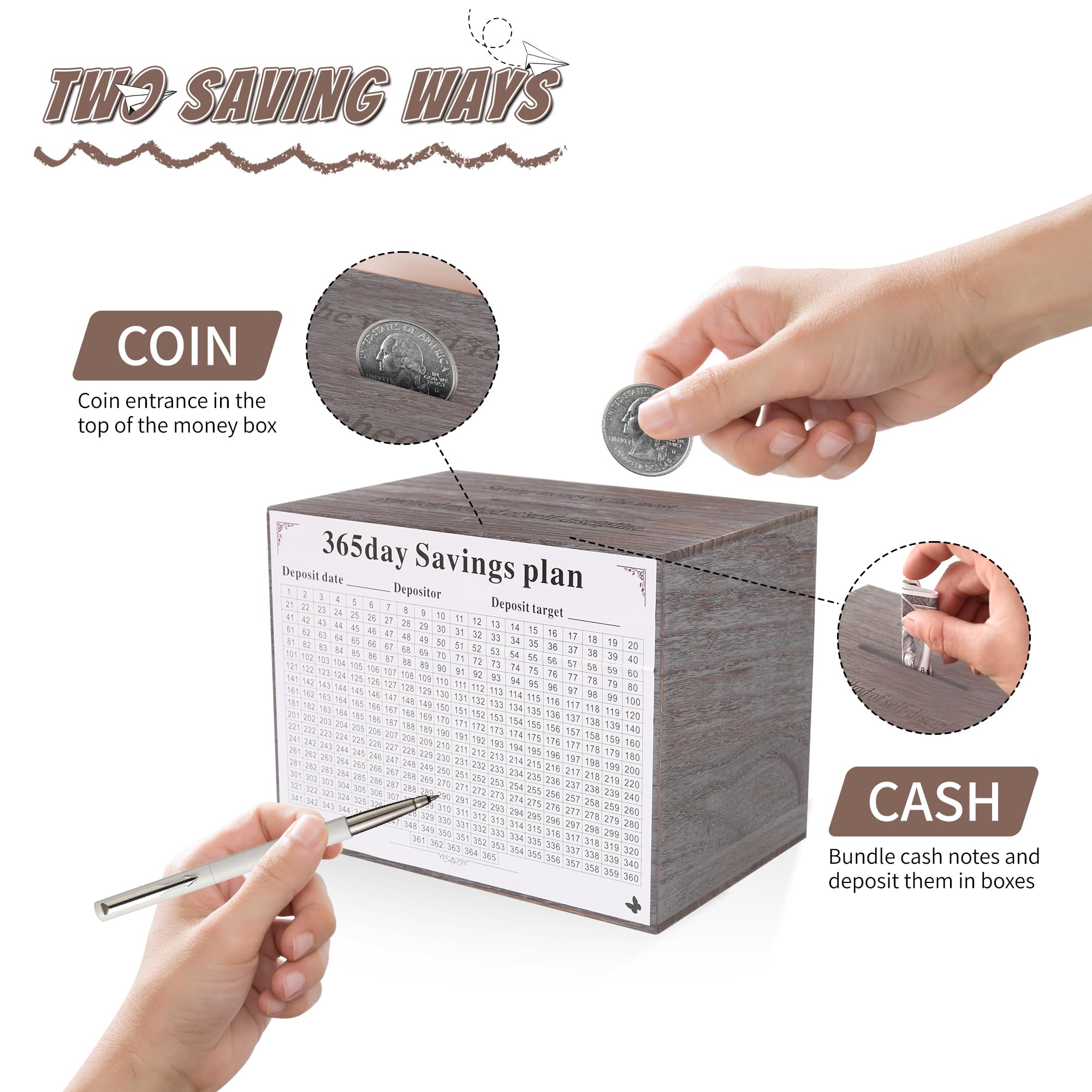 Piggy Bank for Kids and Adults, Wooden Money Saving Box for Cash, Unbreakable Piggy Bank for $10000 $5000 $3000 $1000 $800 $500 Target Money Saving Challenge.(Gray)