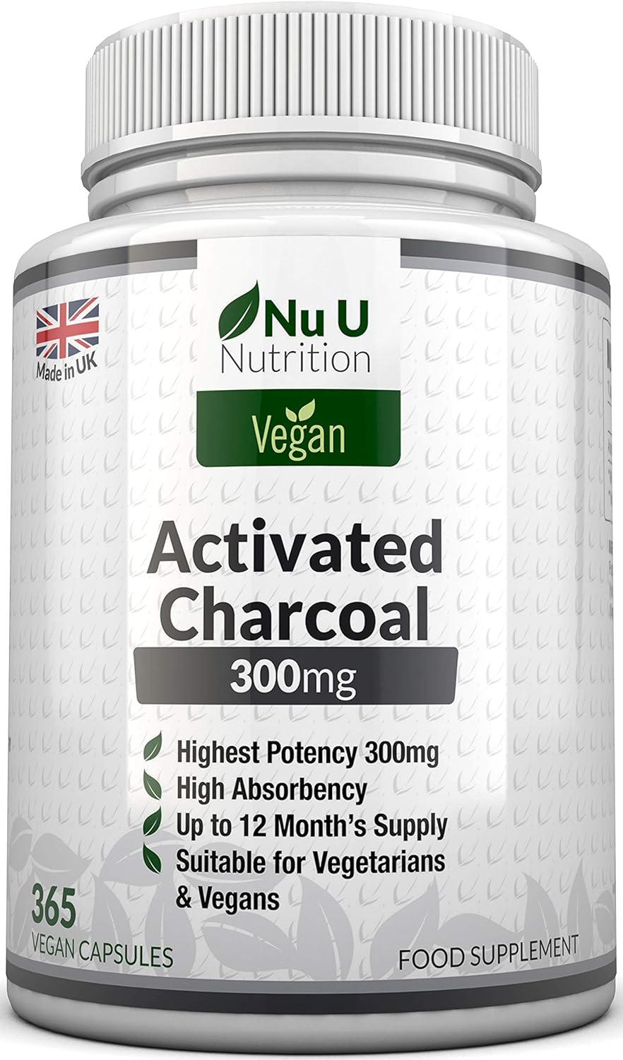 Nu U Nutrition Activated Charcoal, 365 Vegan Capsules not Tablets, 1 Year Supply, Supplement sourced from Natural Coconut