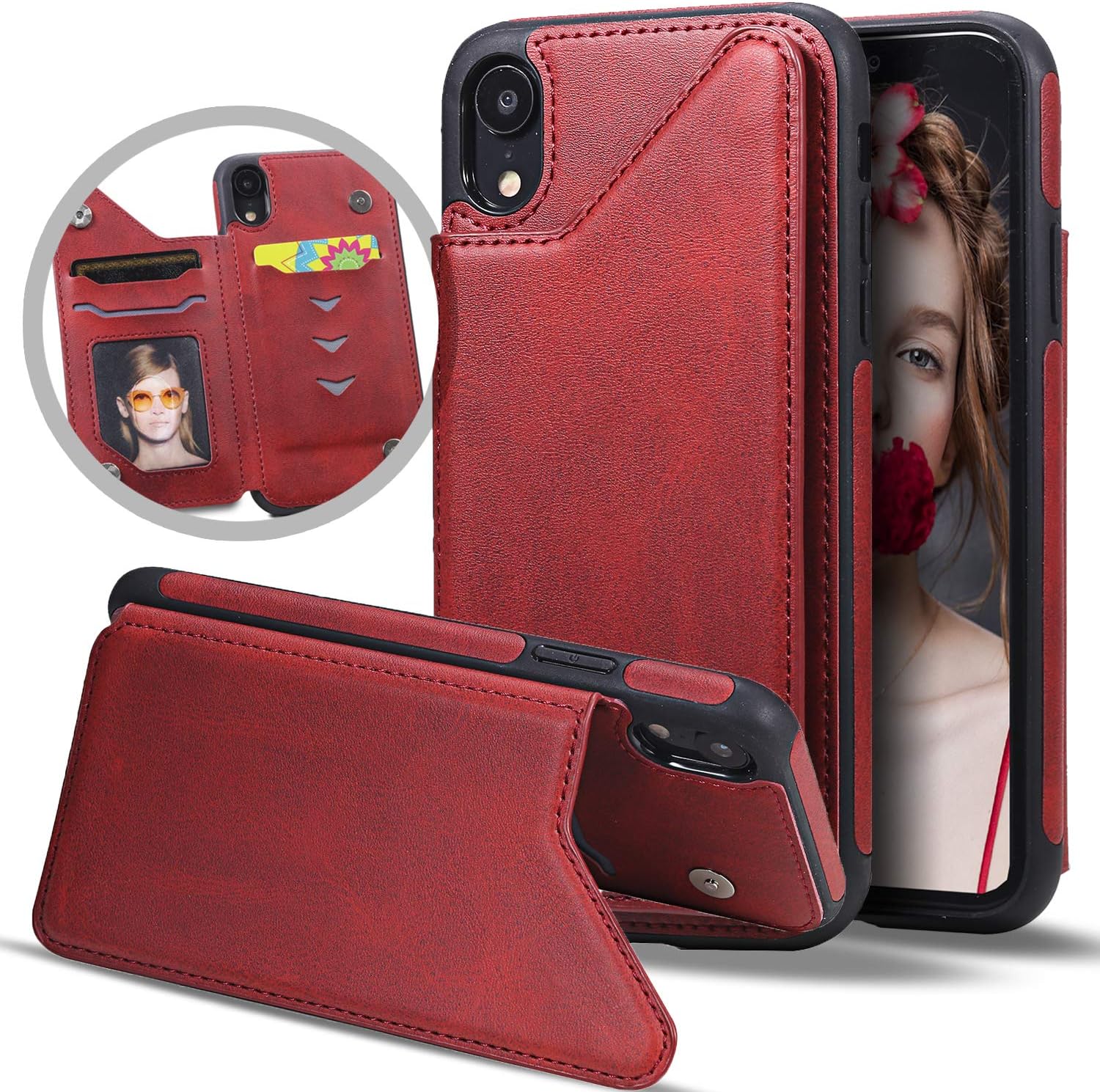 iPhone XR Wallet Case,iPhone XR Cases with Card Holder,Vodico Slim Thin Folio Flip Vintage Leather Magnetic Closure Protective Silicone Phone Cases with Folding Stand for Girls/Women/Men (Red)