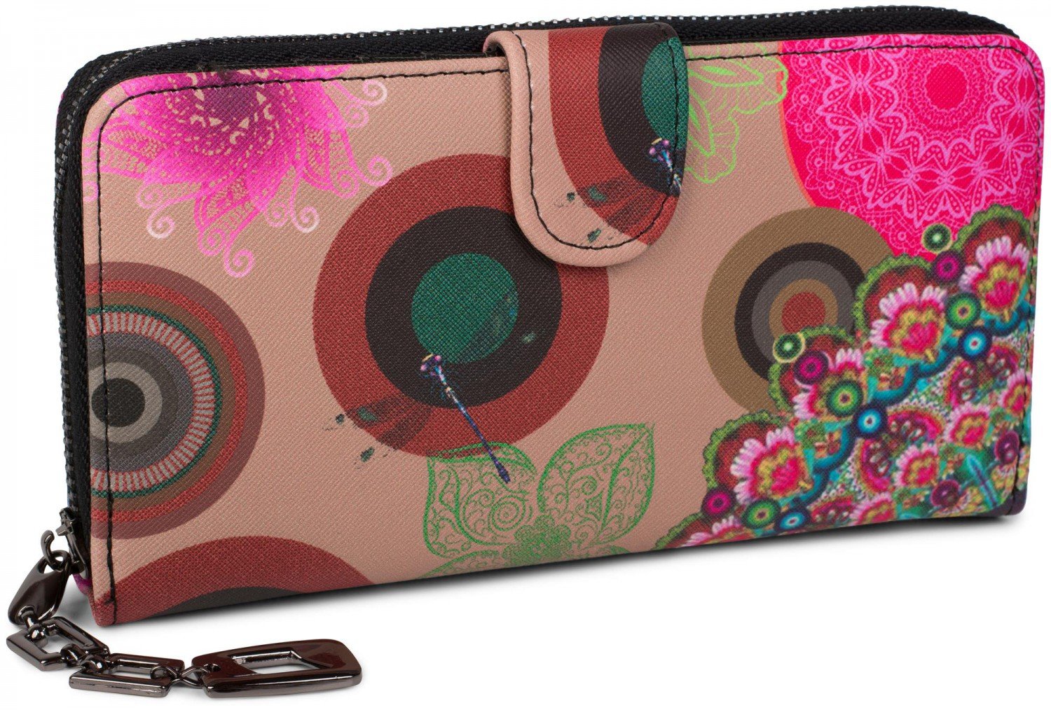 styleBREAKER Ladies Wallet with Colourful Floral Mandala Pattern, Ethno Style, Zip, Purse 02040040, Colour:Beige-Brown-Dark Brown-Pink