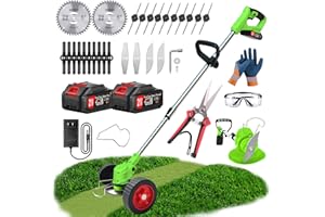 XABCHUI Weed Wacker Battery Powered, 21V Cordless Weed Trimmer with 2.0Ah Battery, Fast Charger & 5 Types Blades, Lightweight String Trimmer with Wheels, Grass Trimmer/Brush Cutter/Lawn Edger for Garden