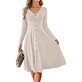 Lazysmile Long Sleeve Fall Winter Dresses for Women V Neck Button Down A Line Swing Casual Knit Sweater Dress