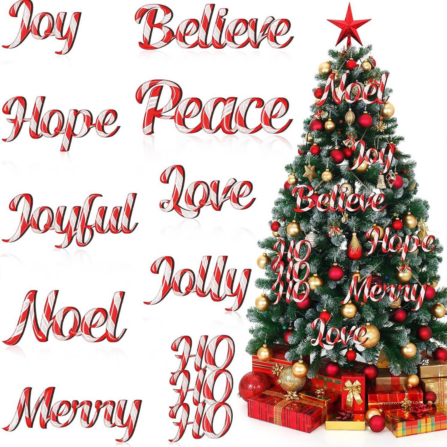 Photo 1 of 10Pcs Christmas Tree Decorations Red White Letters Hanging Ornament with Wood Candy Decoration Design Sign Joy Word Love Merry Christmas Craft Wooden Ornaments for Xmas Winter Holiday Party Home Decor