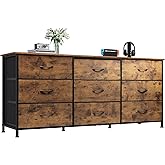WLIVE 54''W Dresser for Bedroom, Dresser TV Stand for 55, 60, 65 inch TV, Wide Chest of Drawers with 9 Drawer, Large Entertainment Center, Fabric Dressers with Wood Top for Living Room, Rustic Brown