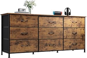 WLIVE 54''W Dresser for Bedroom, Dresser TV Stand for 55, 60, 65 inch TV, Wide Chest of Drawers with 9 Drawer, Large Entertainment Center, Fabric Dressers with Wood Top for Living Room, Rustic Brown