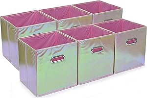 Handy Laundry 6-Pack Foldable Cube Storage Bins – Decorative Collapsible Organizer for Shelves, Closets, Underbed, Clothes, or Kids’ Toys (Shiny Pink)
