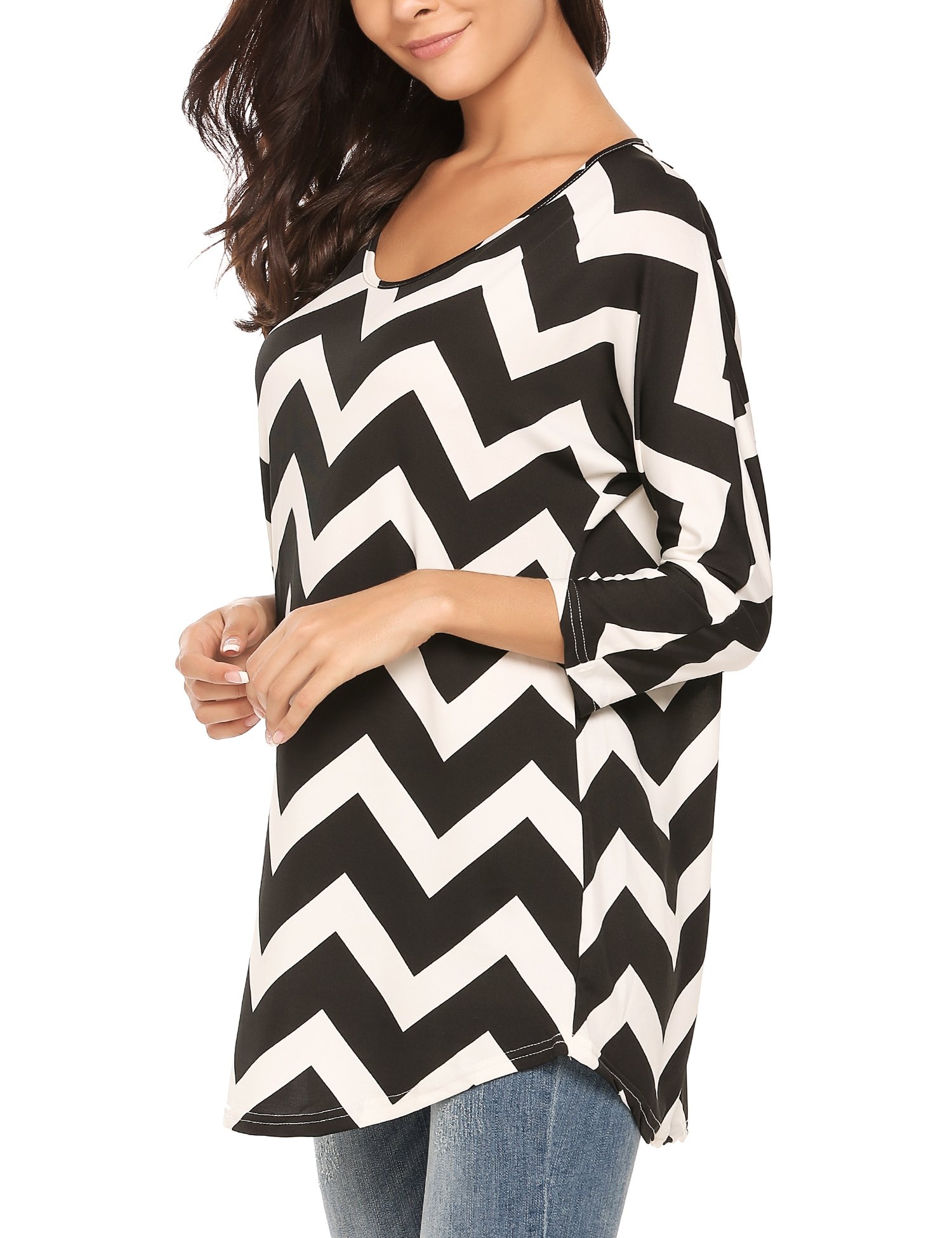 Zeagoo Women Casual Round Neck 3 4 Sleeve Chevron Print Tunic Top Black M