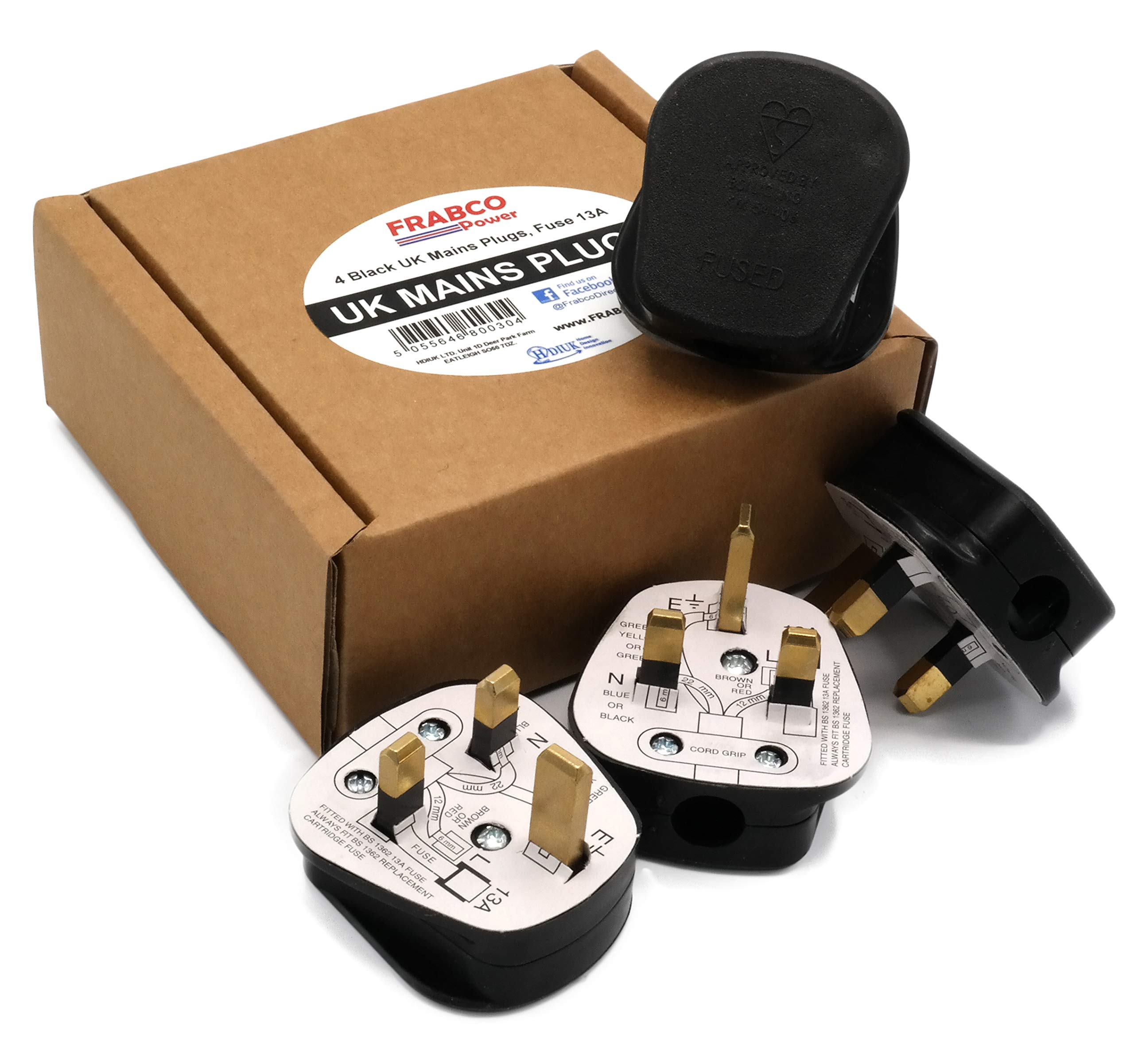 HDIUK Quality 4 Pack UK 13A Mains Plug top self Wire. (Black)