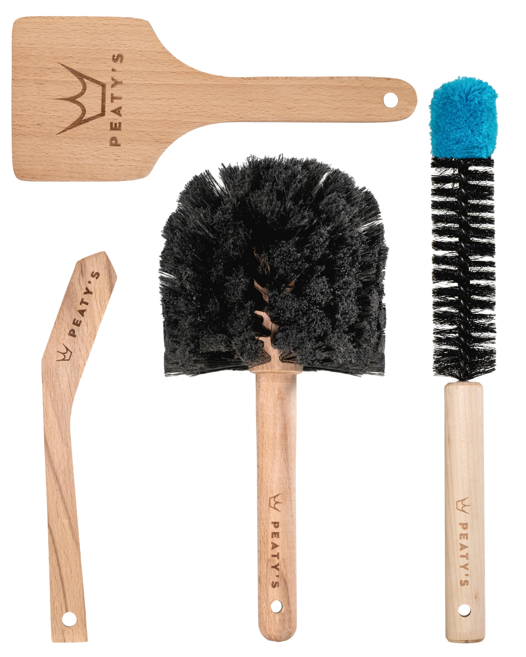 Peaty's Complete Bike Brush Set - Durable Beech Wood Bike Cleaning Brushes, Includes Drivetrain, Tyre, Detailing & All-Over Cleaning Brush, Bicycle Cleaner Kit for MTB, Road and Gravel Bikes