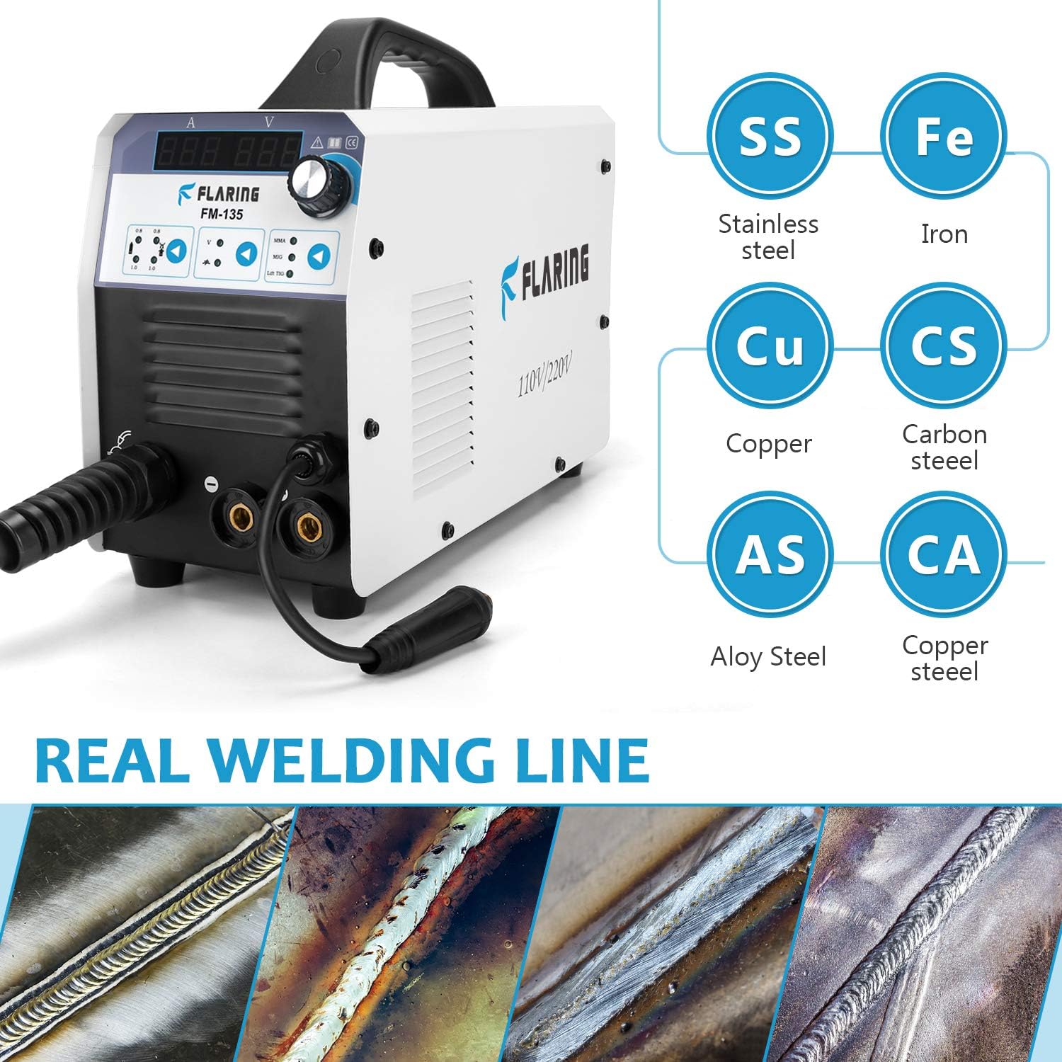 Mig Welder Machine IGBT Flux Core Stick ARC/MMA/LIFT TIG/MIG Welding Machine Inverter AC to DC 110/220V Gas/Gasless Digital Display for Beginner - - 