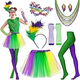 NinkyNonk 14PCS Mardi Gras Costume Accessories - Feather Headband Eye Mask Tutu Skirt Earrings Bead Necklaces Striped Gloves Stocking Tights for Women Mardi Gras Outfit Venetian Party Favors