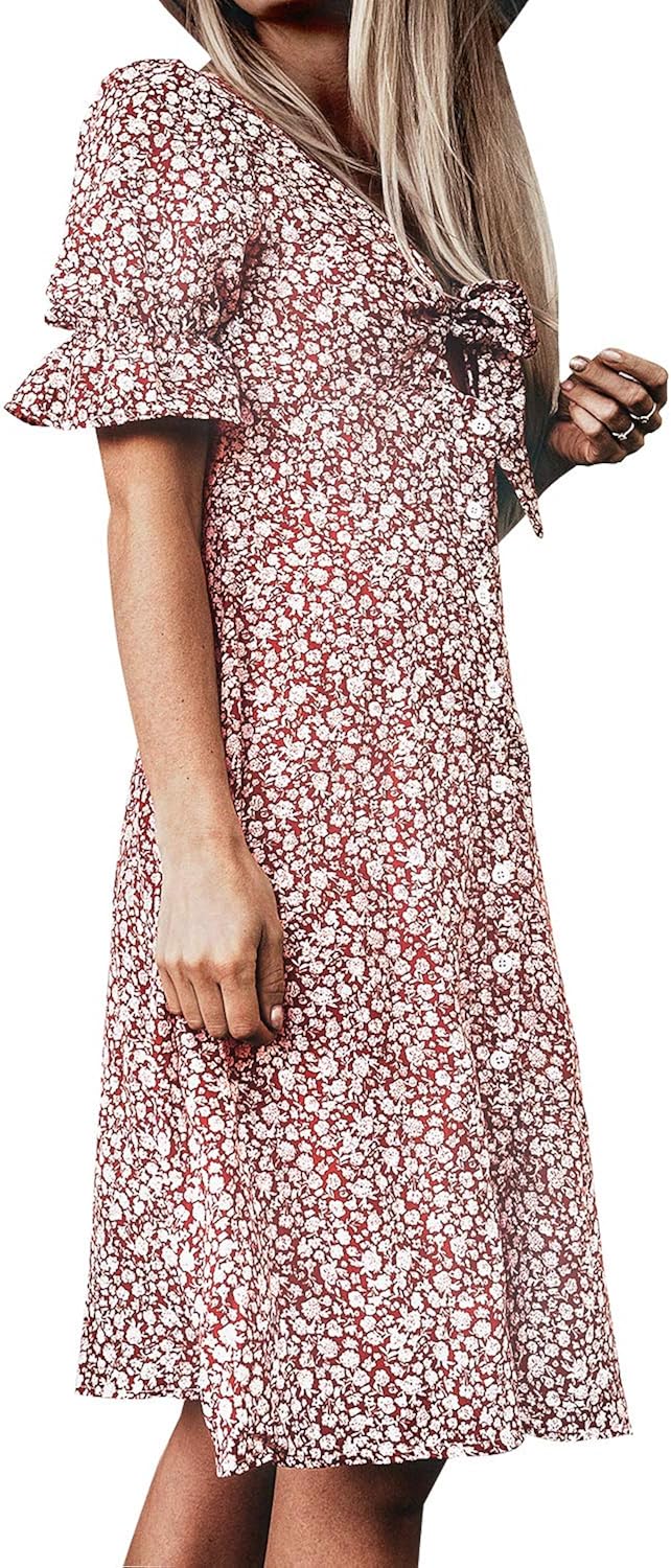 CUPSHE Women's Red Ditsy Floral Front Knot V Neck Puff Sleeves Dress, L