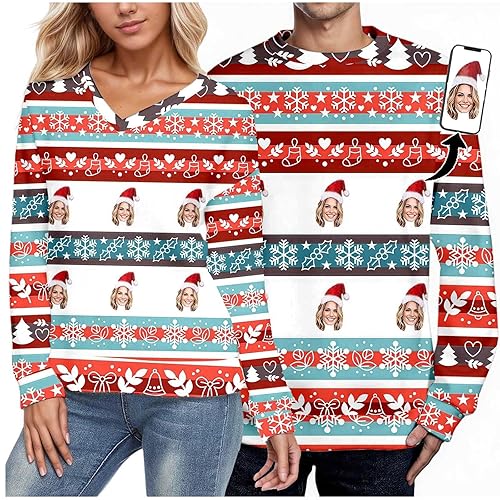 Personalised Christmas Jumpers for Women Men UK, Custom Funny Face Santa Hat Sweatshirt Adults Novelty Custom Funny Matching Christmas Sweatshirt with Face Photo Xmas Pullover Tops (Red, S)