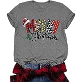Merry Christmas T-Shirts for Women Buffalo Plaid Print Christmas Shirts Tops Holiday Letter Print Tee Tops