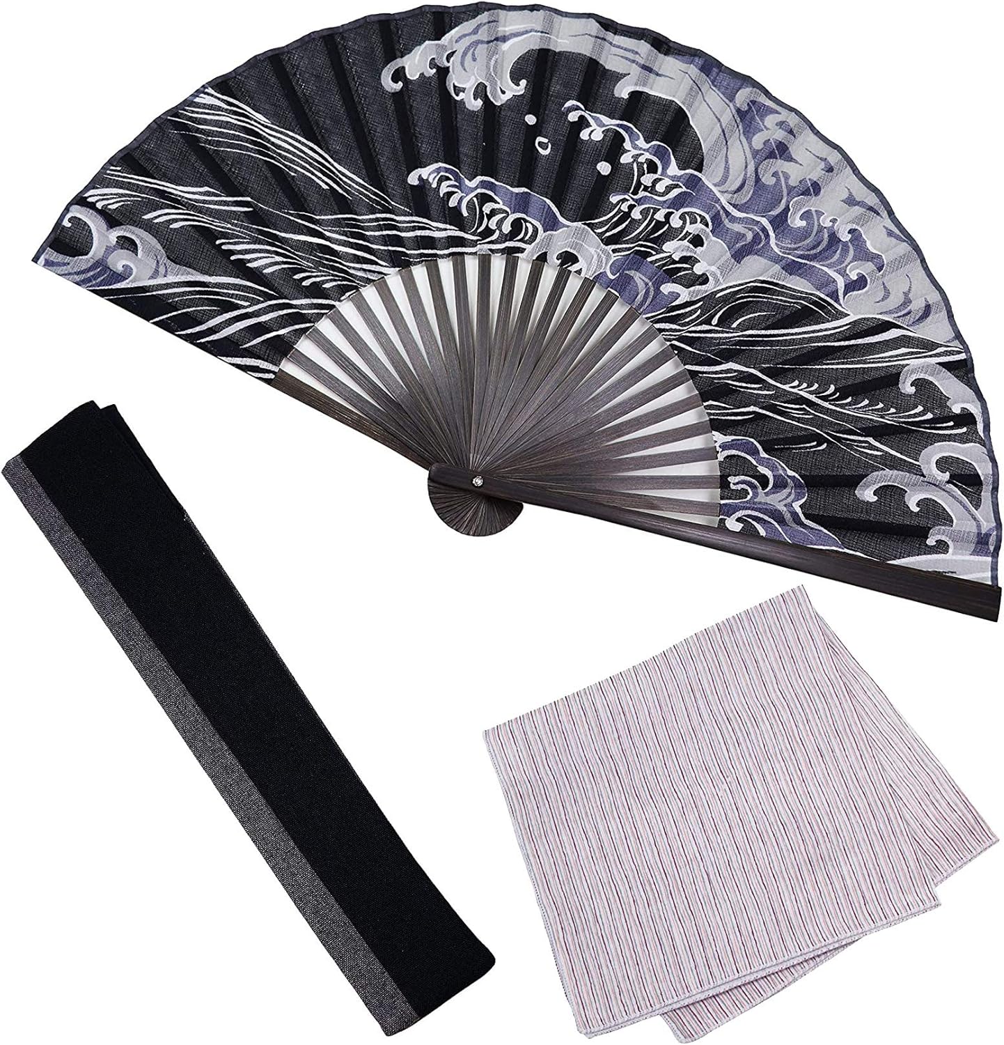 Amazon 大阪長生堂 オリジナル 扇子 メンズ 男性用 高級 ビジネス 大きめ 白波 グレー 扇子入れ ハンカチ 和装小物 和装小物 通販