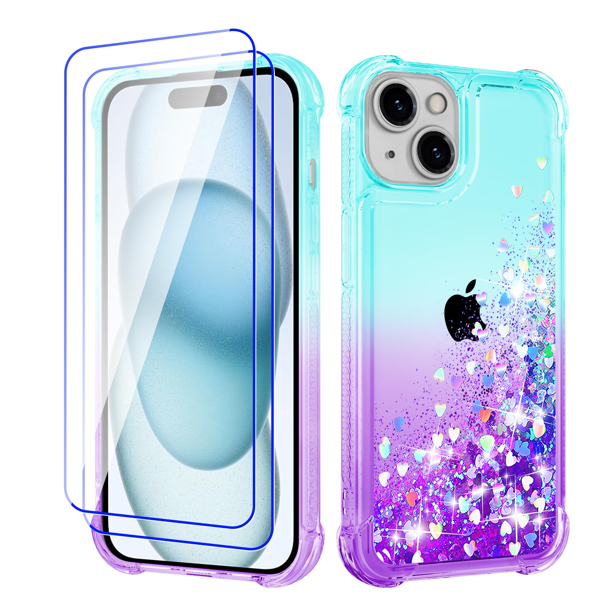 Pilaru Lovely for iPhone 15 Case[2 Screen Protector] Clear Liquid Heart Glitter Soft TPU Cover Transparent Girly Shockproof Protective Phone Case for iPhone 15,Green-Purple