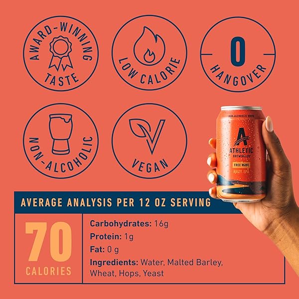 ATHLETIC BREWING COMPANY CRAFT NON ALCOHOLIC BEER, LOW CALORIE HAZY IPA, PAIR WITH SALAD, PIZZA, & DESSERTS, VEGAN HOPS BLEND WITH FLORAL & CITRUS NOTES, FREE WAVE, 12 PACK, 12 FL OZ CANS