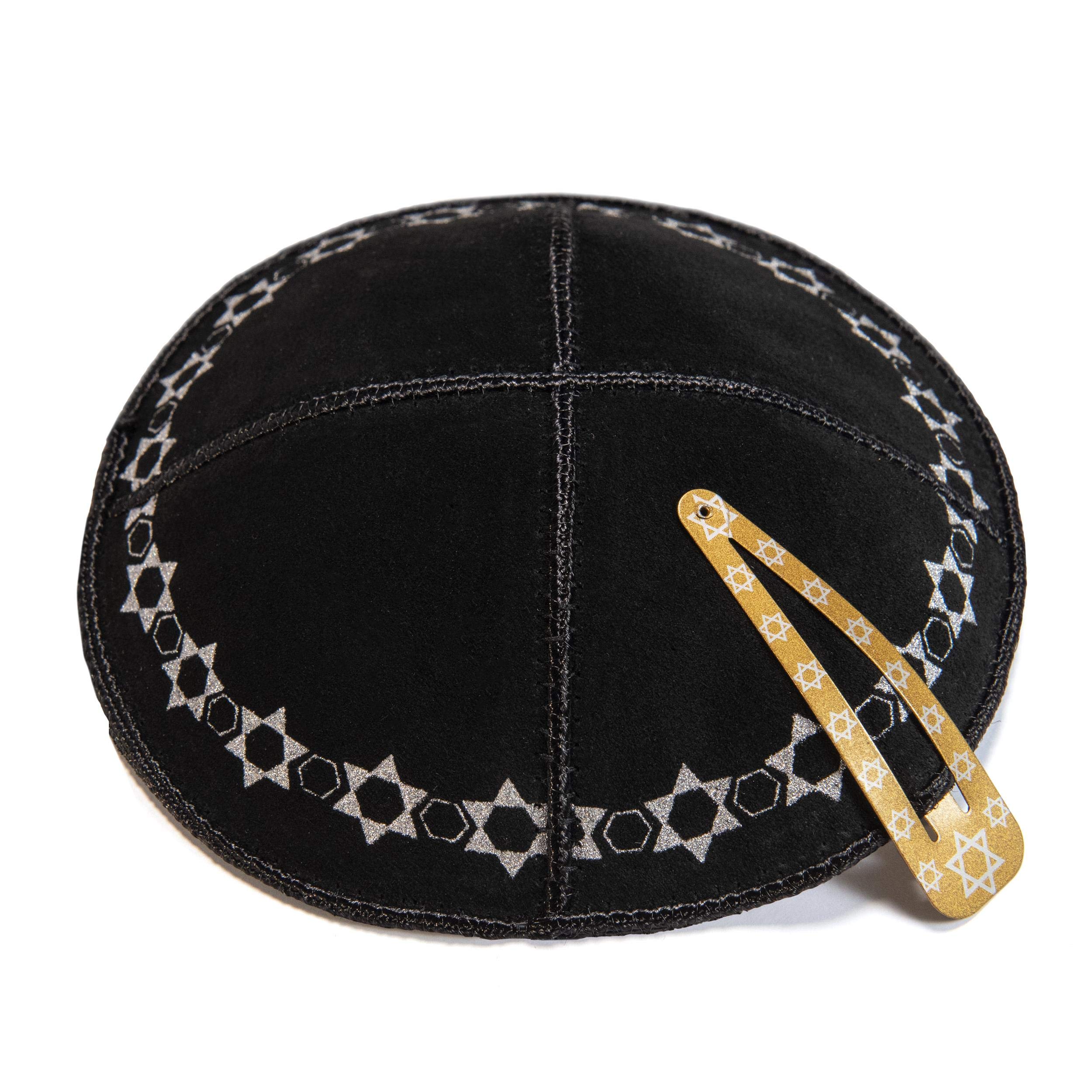 JL Kippha's 16 cm Jewish Leather Black Kipa Kippah Yarmulke Synagogue Star of David Design