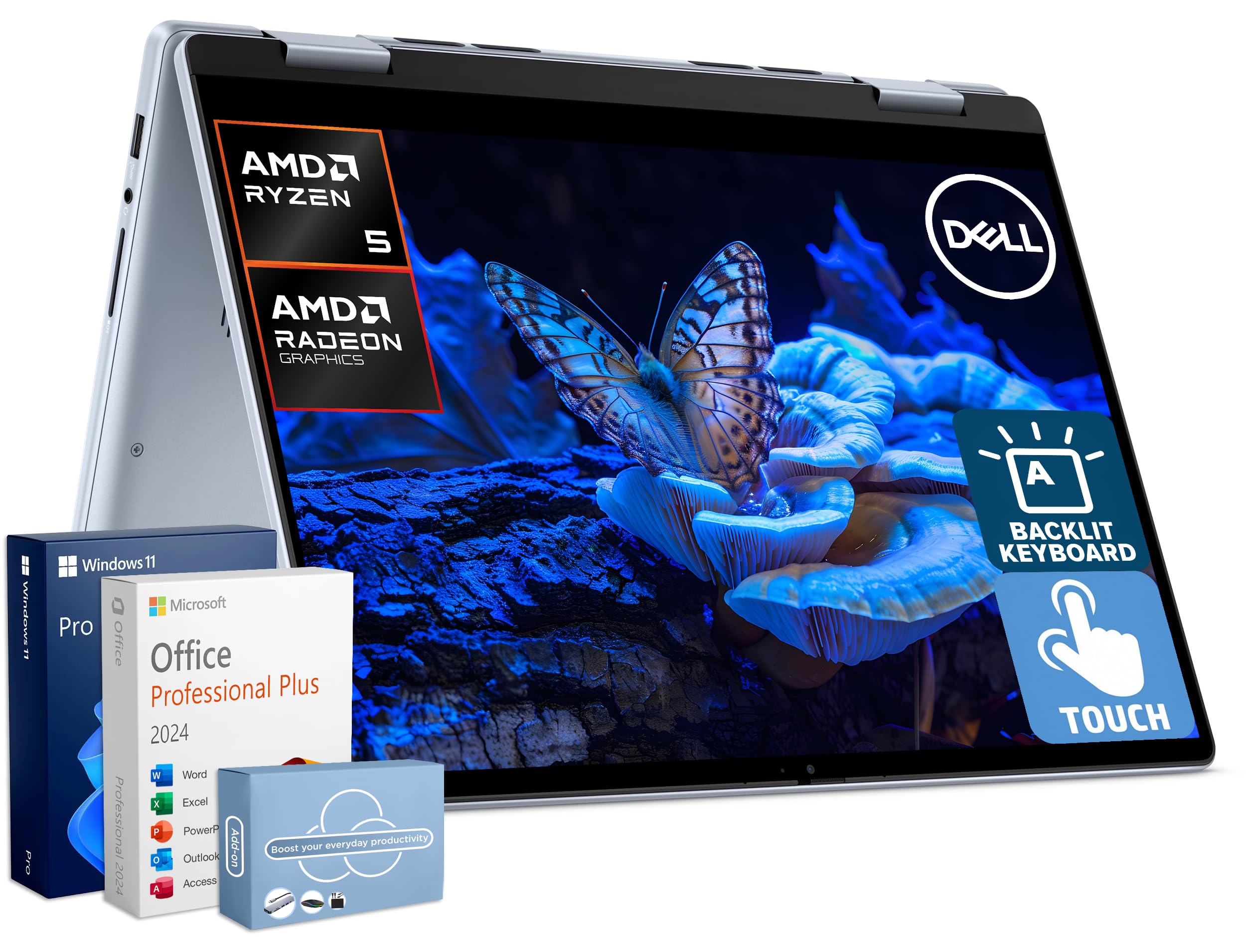 Dell Inspiron 14 2-in-1 Laptop for 2026 Business, Lifetime Office, Al Copilot, 14” FHD+ Touchscreen, AMD Ryzen 5, 16GB RAM, 1TB Storage (512GB SSD+500GB Ext), FP, Backlit KB, MarxsolAddon, Win 11 Pro