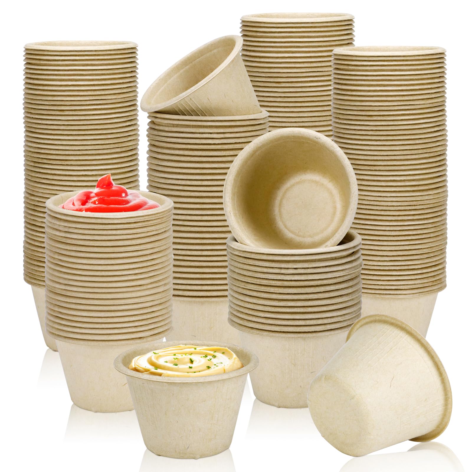 Photo 1 of LeonBach 150 Pack 4oz Natural Bagasse Fiber Sauce Cups, Compostable Small Disposable Paper Dipping Bowls Biodegradable Condiment Portion Sample Snack Charcuterie Serving Tasting Cups