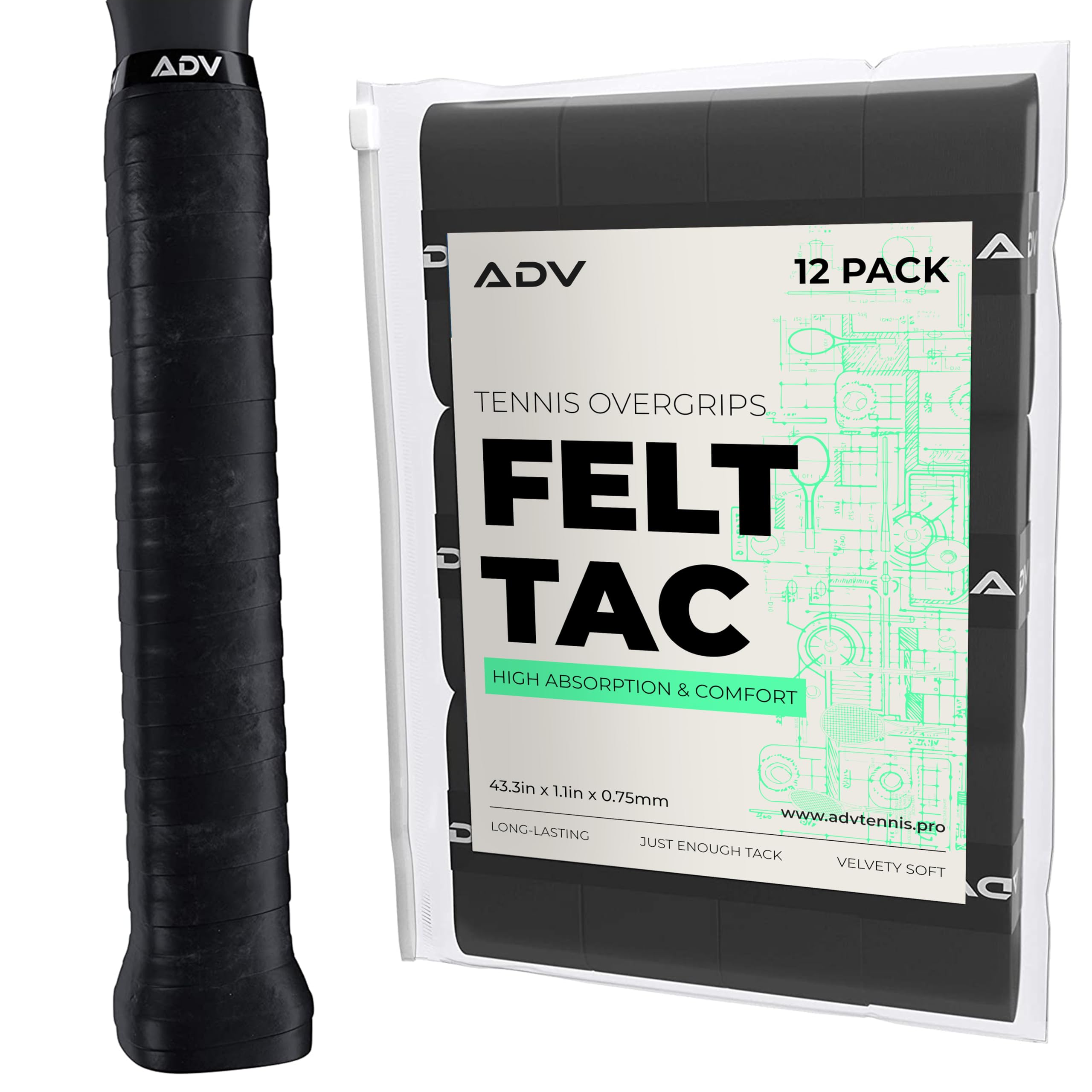 ADV Tennis Dry Overgrip - 12 Pack - Ultra Absorbent Grip Tape with Exclusive FeltTac Material for High Velvety Comfort - Pro Tested & Designed (Black, 12 Pack)
