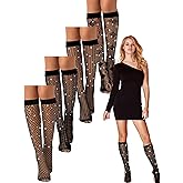 Jadive 4 Pcs Knee High Stockings for Women Black Lace Fishnet Socks Sparkly Mesh Rhinestone Socks for Summer Dress