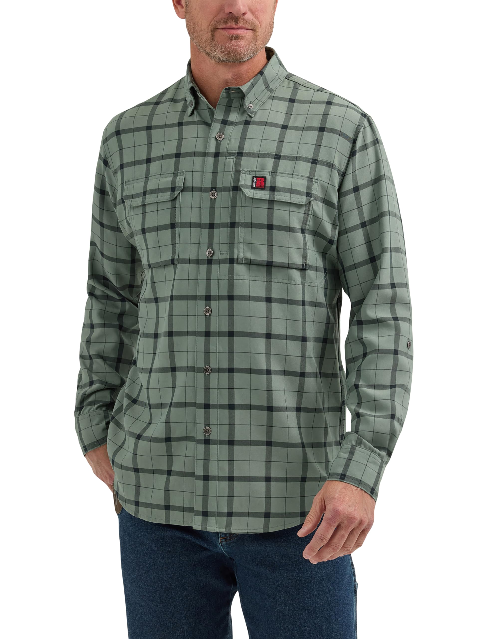 Wrangler Riggs Workwear Men's Long-Sleeve Technical Button-Down Work Shirt, Green Check, 3X Image