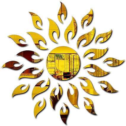 Bikri Kendra Sun With Extra Flames Golden (1.5 Feet X 1.5 Feet) - 3D Acrylic Mirror Wall Stickers For Home & Office