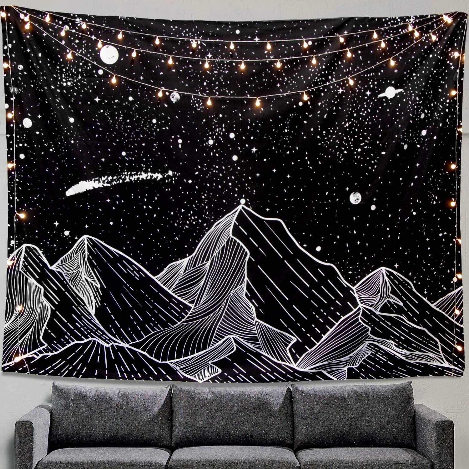 Zussun Black and White Tapestry Starry Night Mountain Tapestries for Bedroom Aesthetic Moon and Stars Tapastry's Wall Hanging Dark Nature Forest Wall Tapestry for Living Room Dorm (Dark, 90'' × 68'')