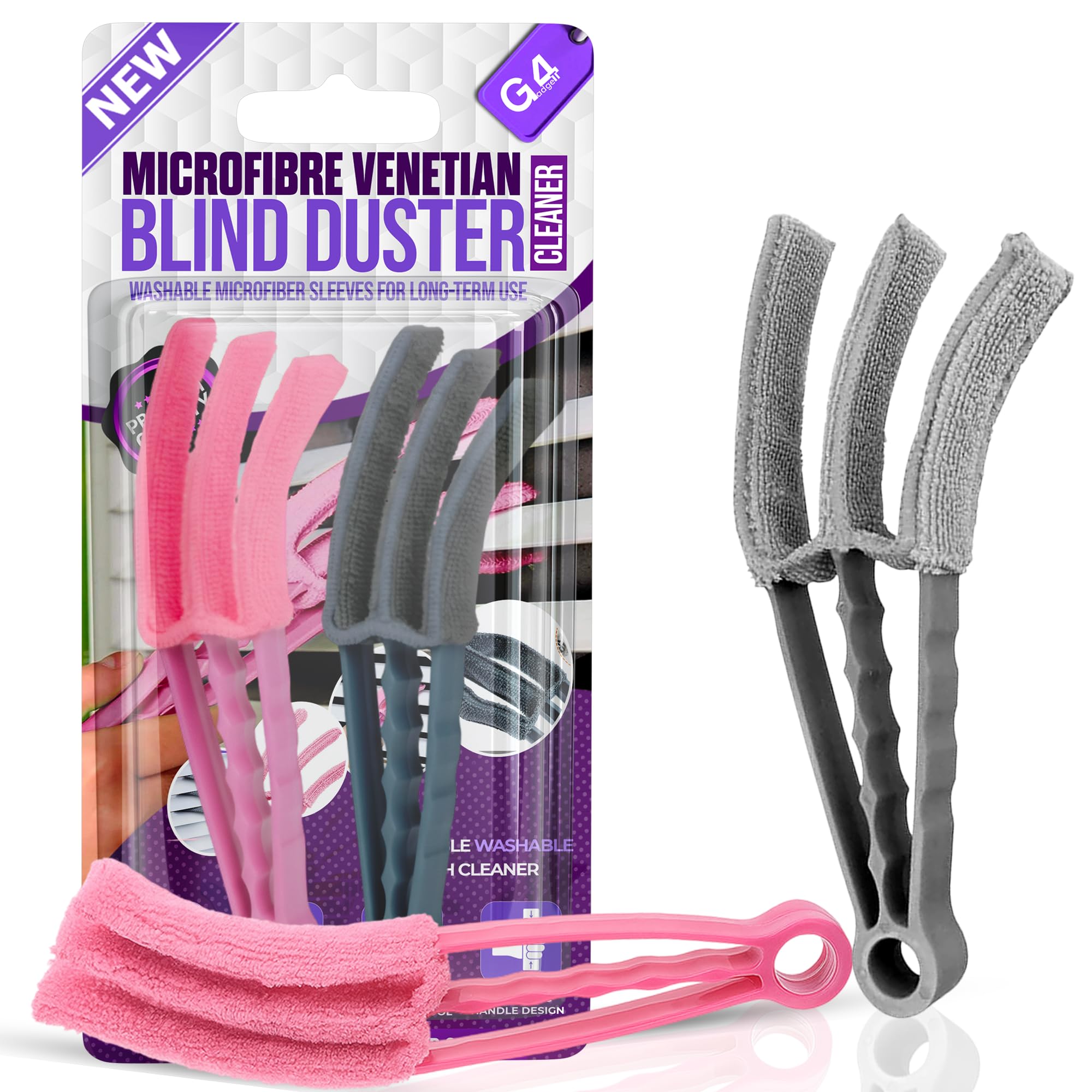 2 x Wet Dry Venetian Window Blind Cleaner Microfiber Brush 3 Pronged Washable Duster (Grey and Pink)