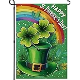 Agroon Happy St Patricks Day Garden Flag 12x18 Inch, Green Hat with Four-leaf Clover Double Sided Flag for Yard Outdoor Decoration