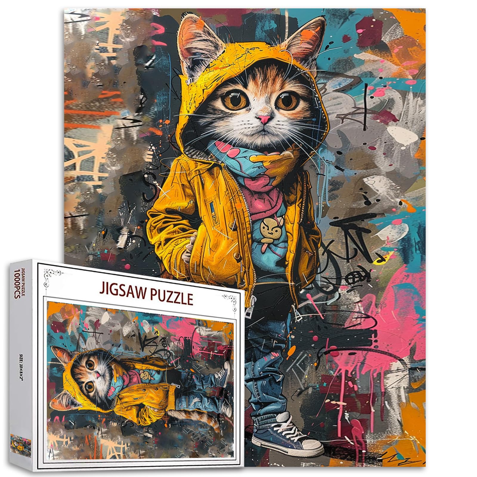 Photo 1 of Abstract Graffiti Cat 1000 Piece Puzzle for Adults Yellow Kitten Puzzle Toys 1000 Pieces Jigsaw Puzzles Creative Colorful Animals Theme