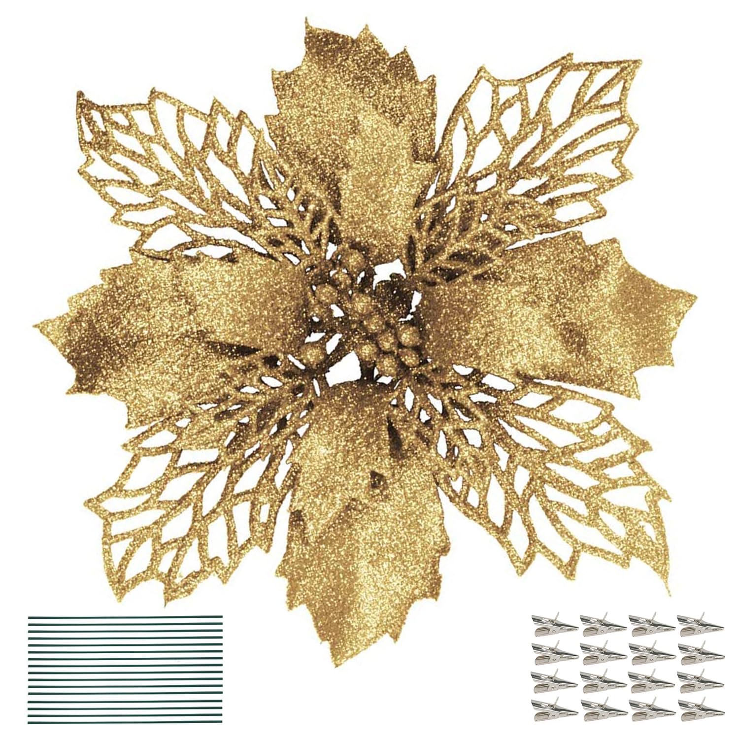 DWTECH 16 Pack Christmas Poinsettia Flowers with 16 Peduncles & 16 Clips,16cm/6.3’’ Artificial Flowers Glitter Poinsettia Christmas Wreath Christmas Tree Ornaments for Christmas Decorations(Gold)