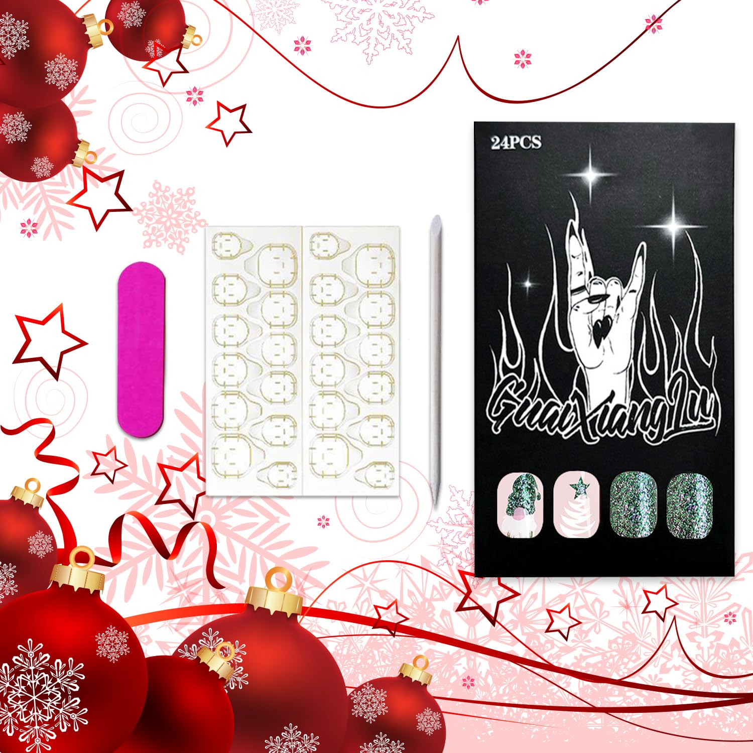 Christmas Press On Green Glitter Gnome Glue On Medium Square False Nails - Winter Xmas Acrylic Nails for Women & Girls - Image 4