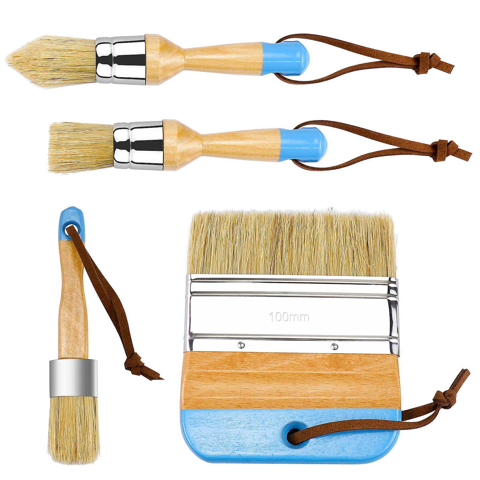 Dreamtop Chalk Paint and Wax Brush Set - 4 Piece Natural Bristle Furniture Restoration Brushes with Wooden Handles for DIY Upcycling, Vintage Makeover and Shabby Chic Projects