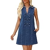 POTILI Denim Dress for Women Sleeveless Jean Dress V Neck A Line Bow Tie Front Casual Mini Dresses with Pockets
