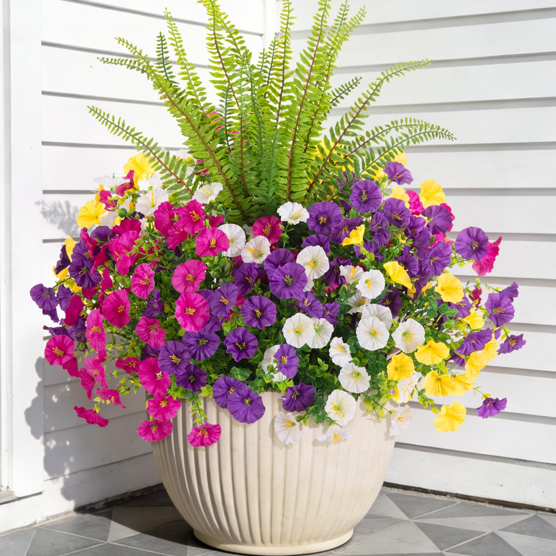 Artificial Flowers Fake Plants for Outdoors Decoration, 12 Bundles Silk Morning Glory with Boston Fern Realistic UV Resistant Faux Spring Flowers for Outside Planter Yard Patio Garden Home Indoor Urn