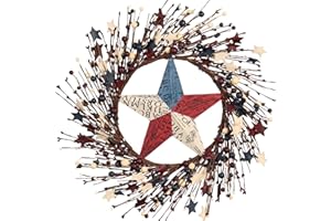 Pudate 22IN Artifical Country Patriotic Wreath 4 of July Wreath with Berry, Star for Front Door Wall Decor Indoor Outdoor