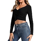 DSPSAM Womens Front Cross Wrap Crop Tops Deep V Neck Fitted Going Out T Shirts