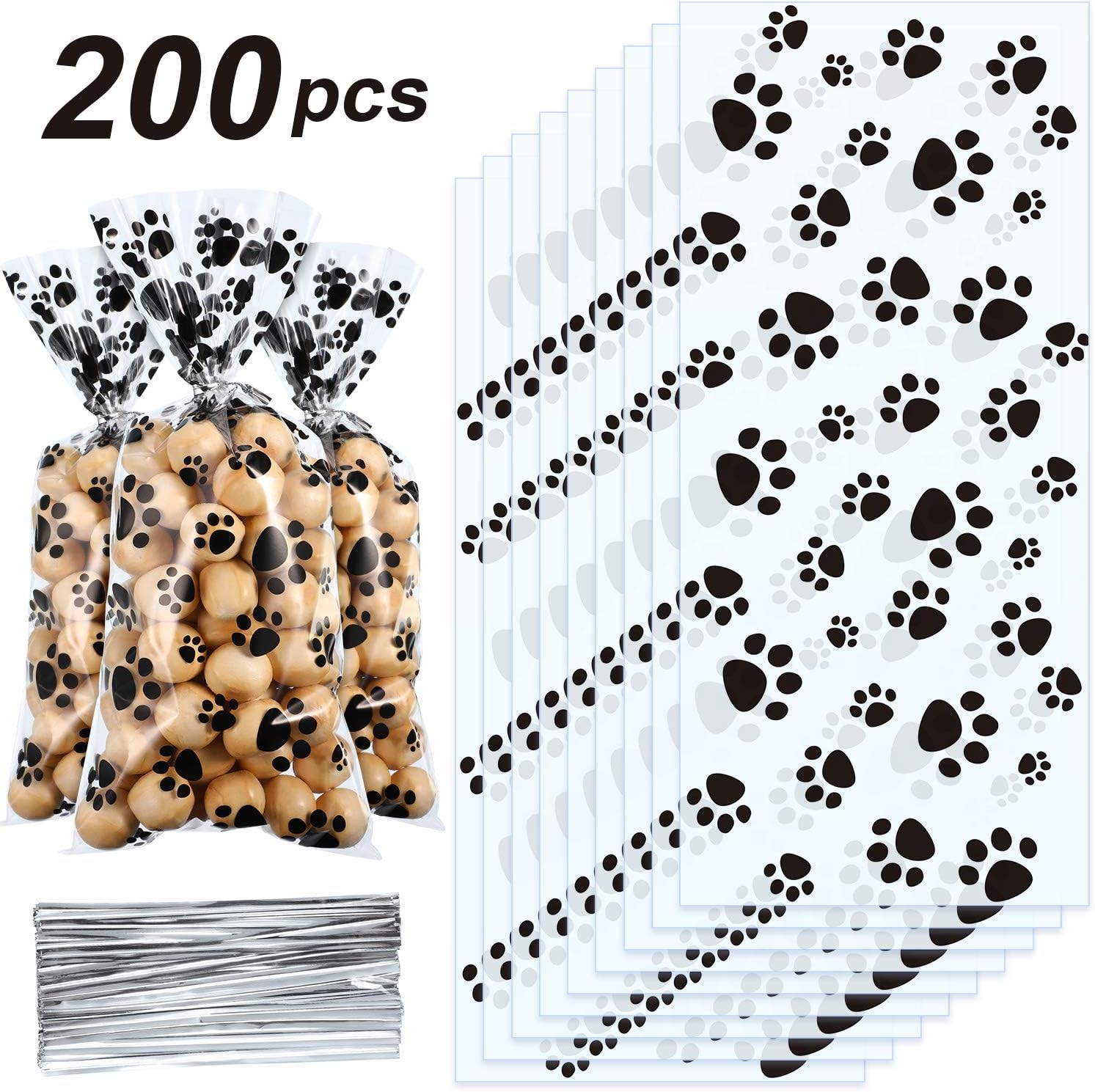 Blulu 200 Pcs Pet Paw Cellophane Bags Dog Party Favor Heat Sealable Treat Paw Gift Cat Candy Bags with 200 Pcs Silver Twist Ties for Pet Party Favors(Black)